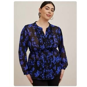 Torrid Royal Blue‎ Floral Chiffon Clip Dot Button Up Ruffle Front Blouse Size 1X
